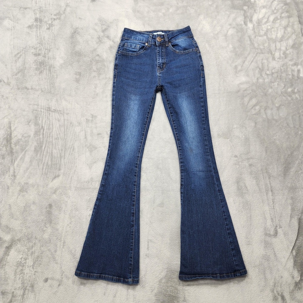 Blue Savvy Jeans Womens 1/25 Juniors Blue Mid‎ Rise Flare Stretch Denim Casual